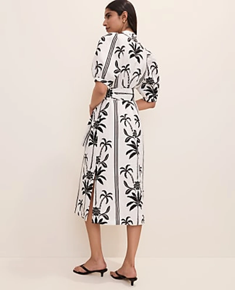 Ann Taylor Petite Palm Tree Print Midi Dress Linen Black Women's