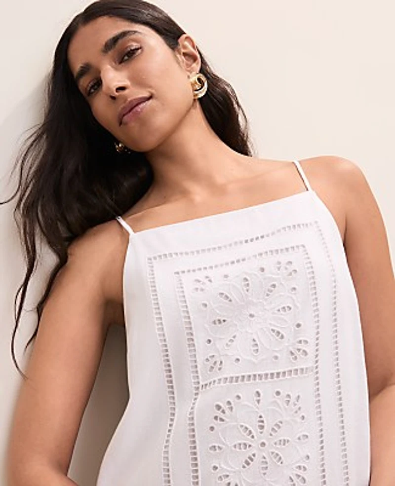 Ann Taylor Petite Embroidered Shift Dress Linen Blend White Women's