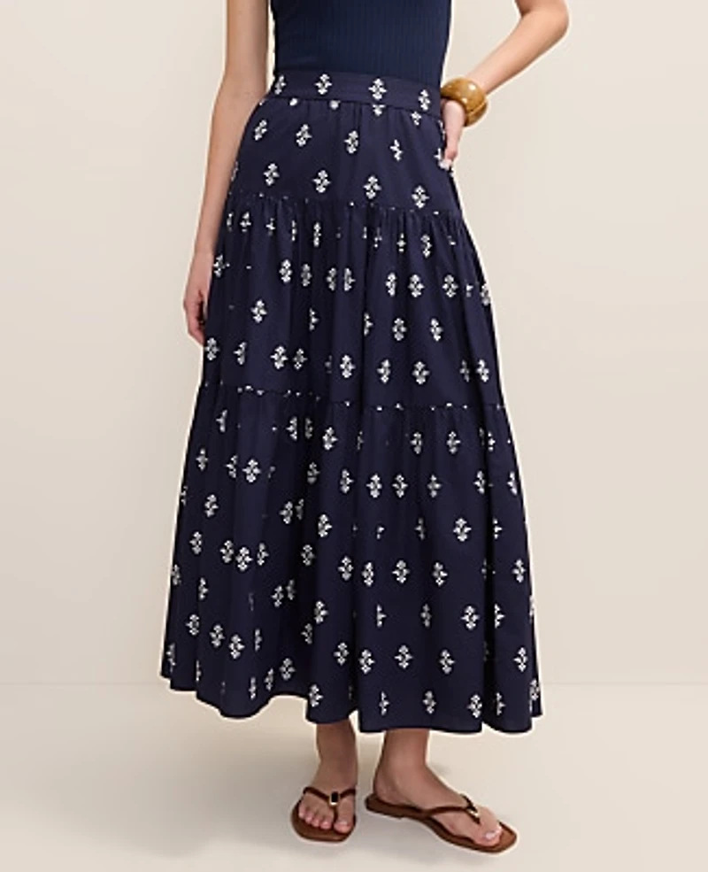 Ann Taylor Weekend Tiered Full Skirt Geo Print Winter Blue Women's