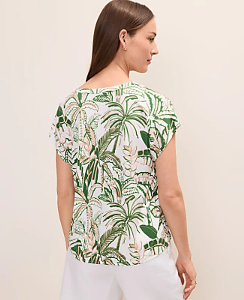 Ann Taylor Petite Palm Print Mixed Media Top Fresh Cut Green Women's