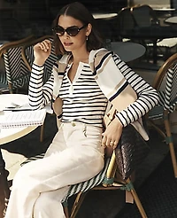 Ann Taylor Weekend Striped Pointelle Henley Top Night Sky Women's