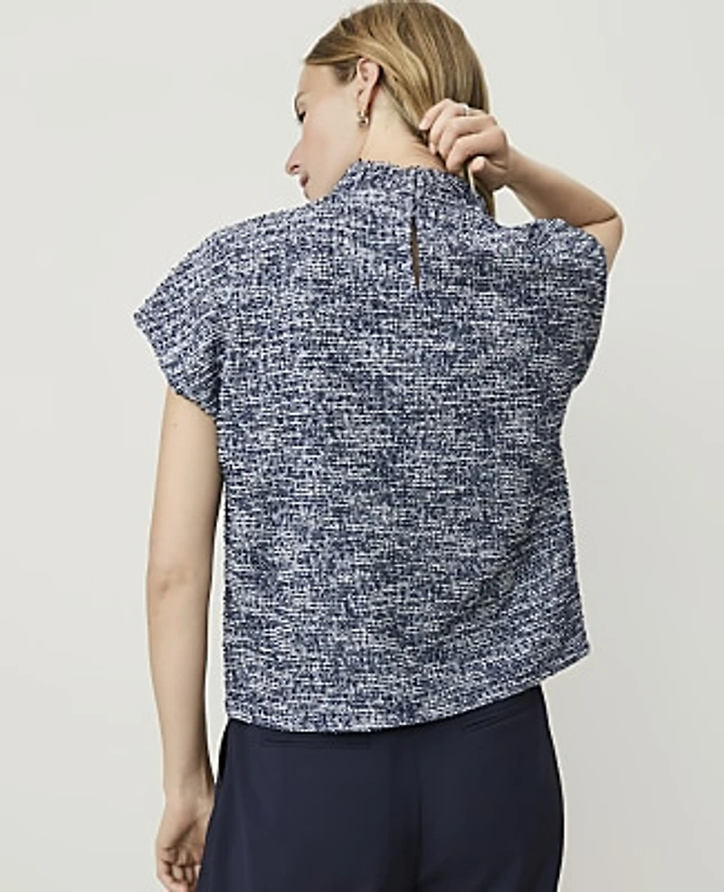 Ann Taylor Tweed Mock Neck Top Ocean Women's