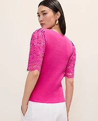 Ann Taylor Petite Lace Trimmed Sweater Top Bright Magenta Flower Women's
