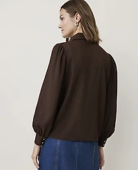 Ann Taylor Petite Split Neck Blouse Satin French Mocha Women's