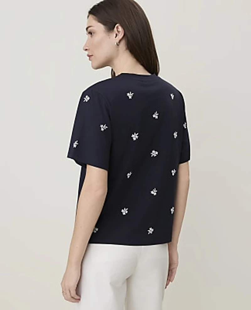 Ann Taylor Petite Weekend Embroidered Relaxed T-Shirt Night Sky Women's