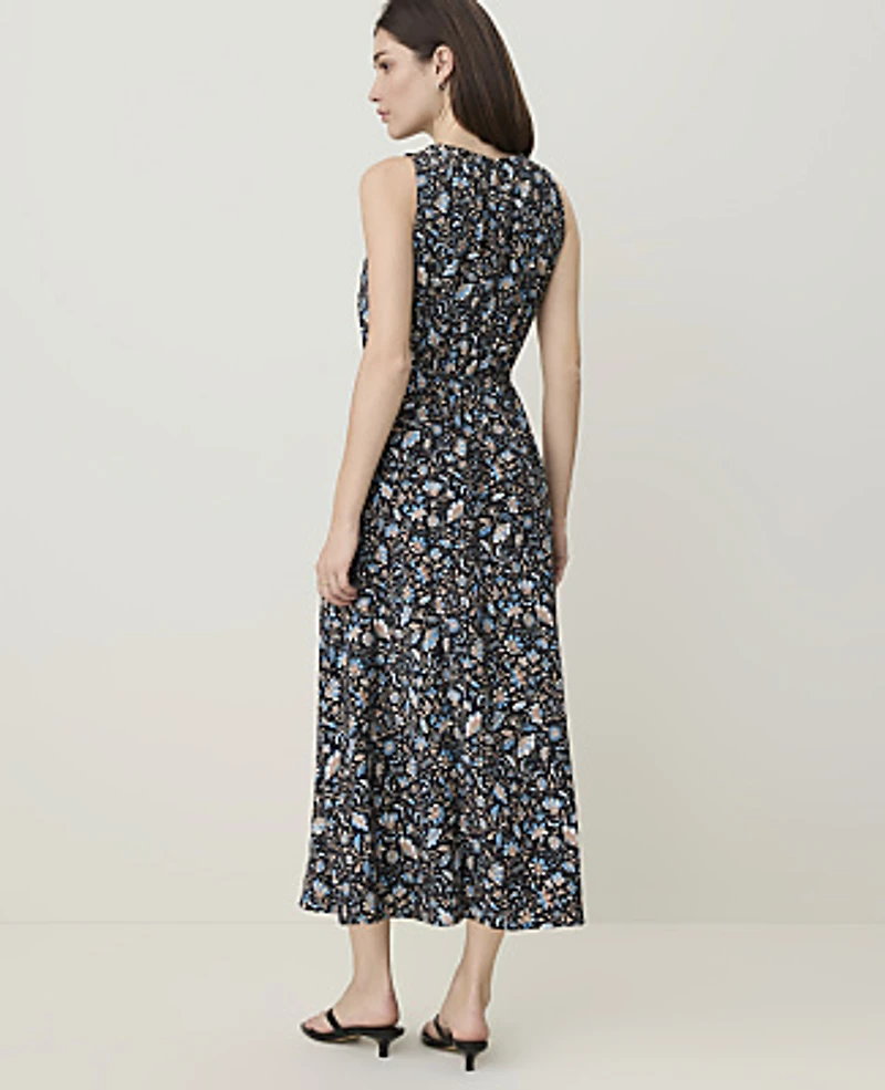 Ann Taylor Petite Weekend Floral Gathered Midi Dress Night Sky Women's