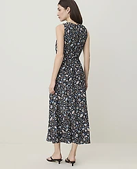 Ann Taylor Petite Weekend Floral Gathered Midi Dress Night Sky Women's