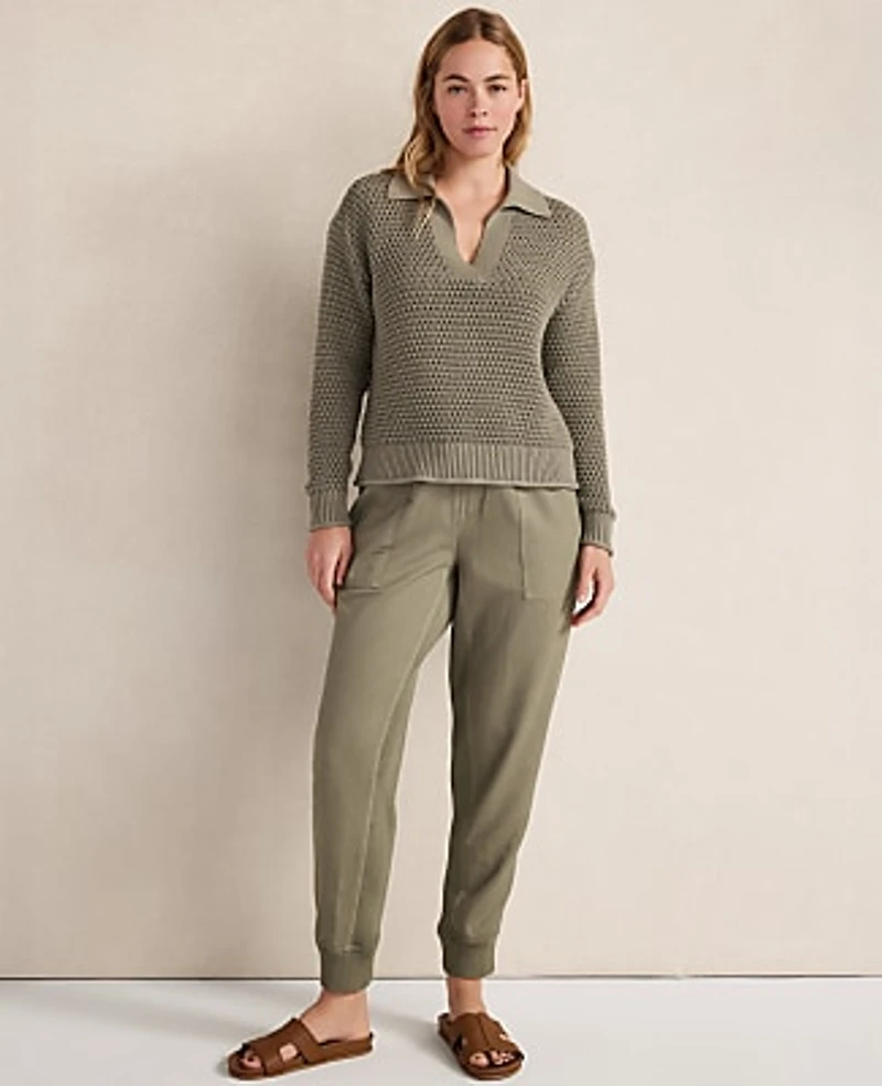 Ann Taylor Haven Well Within Cotton Wave Stitch Johnny Collar Sweater Vetiver-Haven Women's