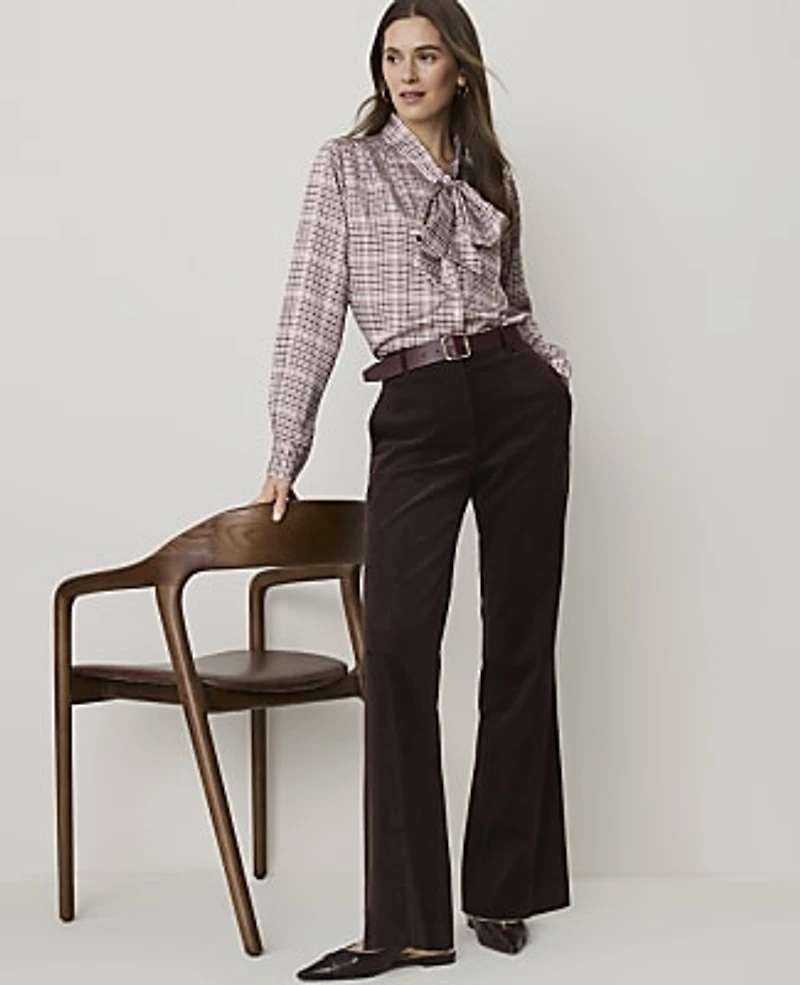 Ann Taylor Plaid Bow Blouse Deep Rosy Tan Women's