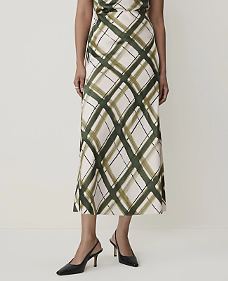 Ann Taylor Plaid Bias Midi Slip Skirt Olive Sprig Women's