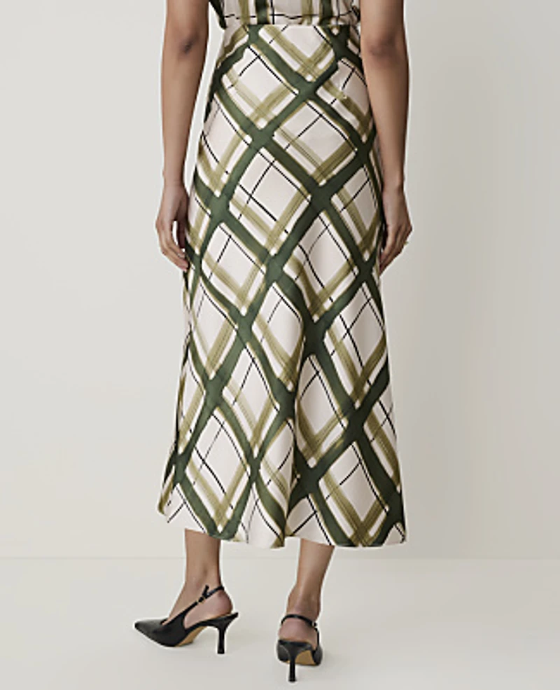 Ann Taylor Plaid Bias Midi Slip Skirt Olive Sprig Women's