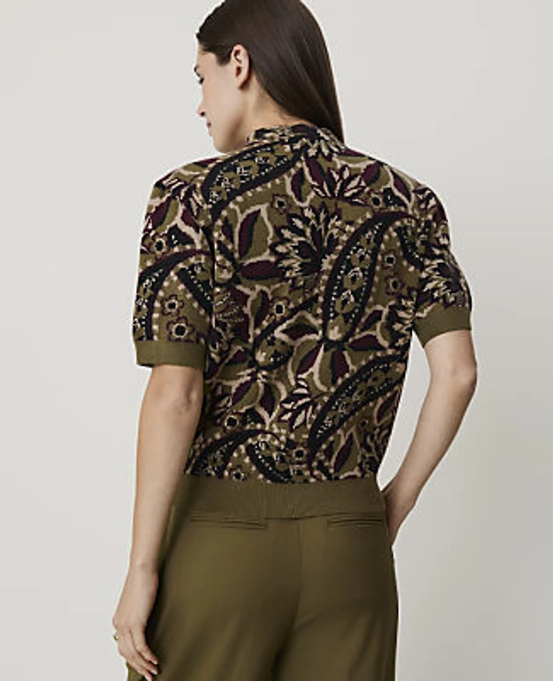Ann Taylor Paisley Jacquard Sweater T-Shirt Olive Sprig Women's