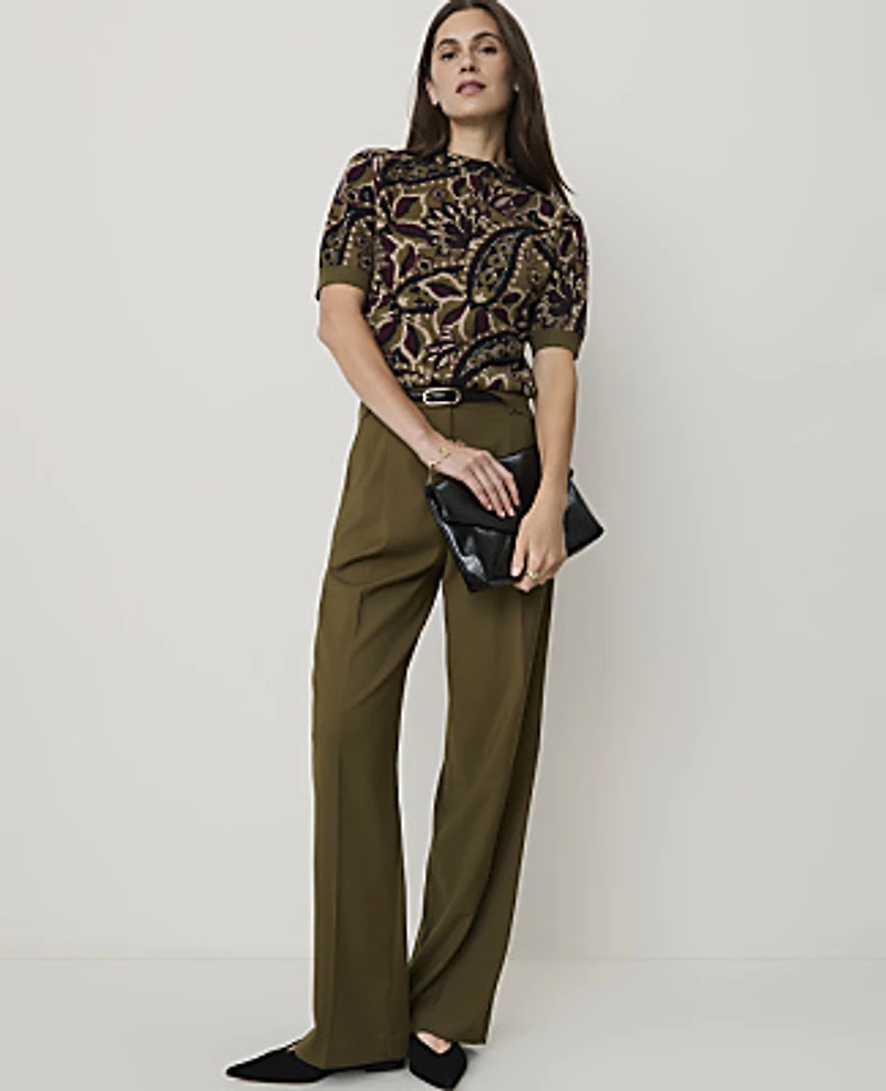 Ann Taylor Paisley Jacquard Sweater T-Shirt Olive Sprig Women's