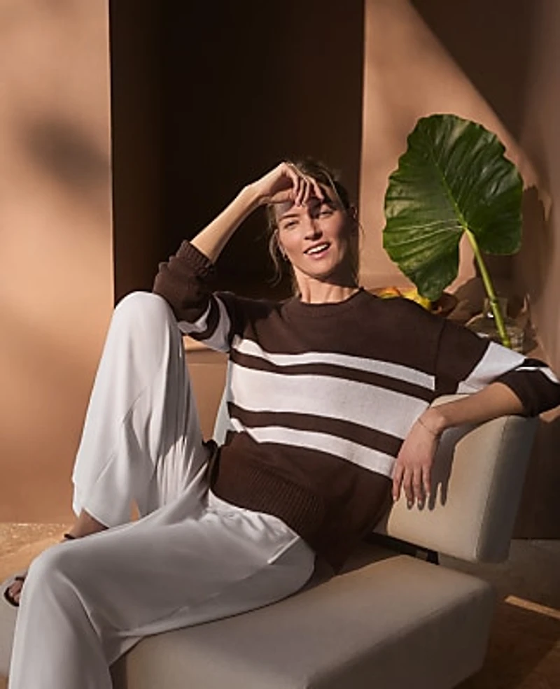 Ann Taylor Haven Well Within Cotton Linen Stripe Roll Neck Sweater White Women's