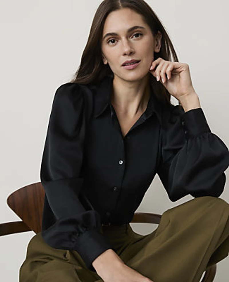 Ann Taylor Petite Collared Blouson Sleeve Shirt Black Women's