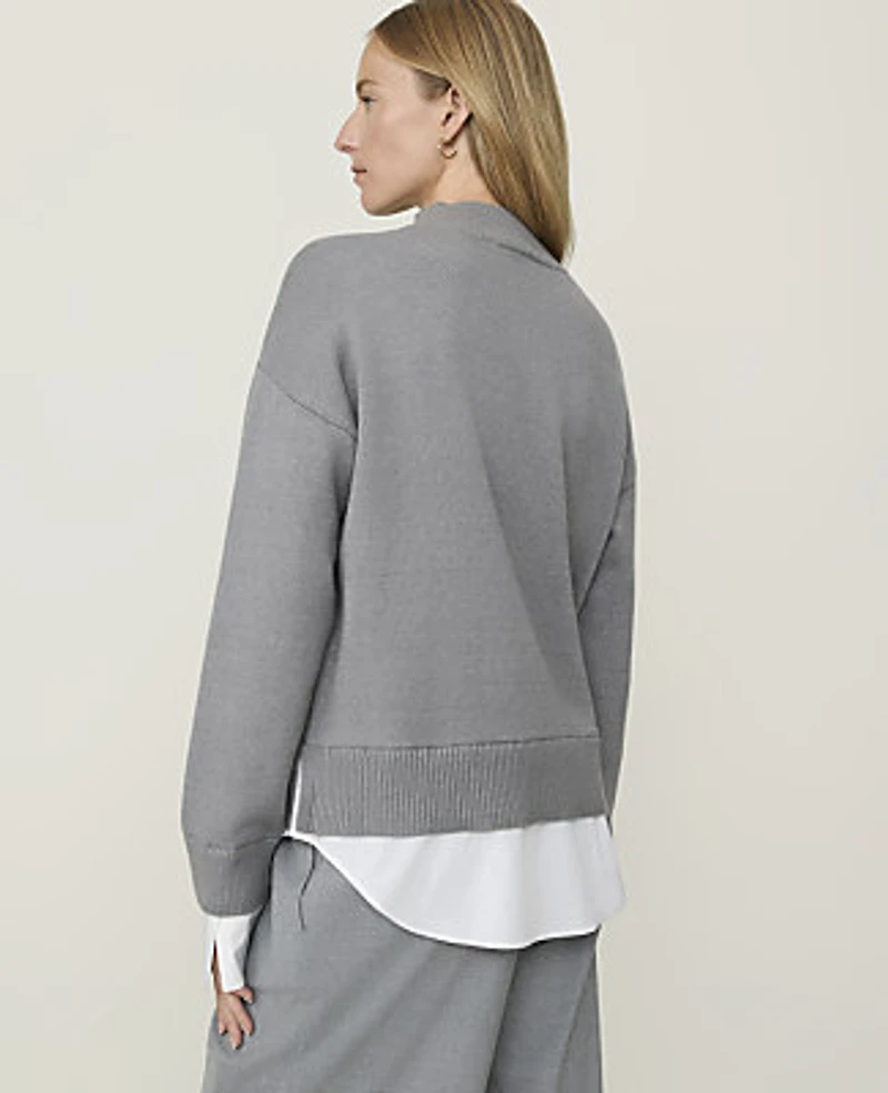 Ann Taylor Petite Weekend Layered Mix Media Sweater Medium Heather Grey Women's