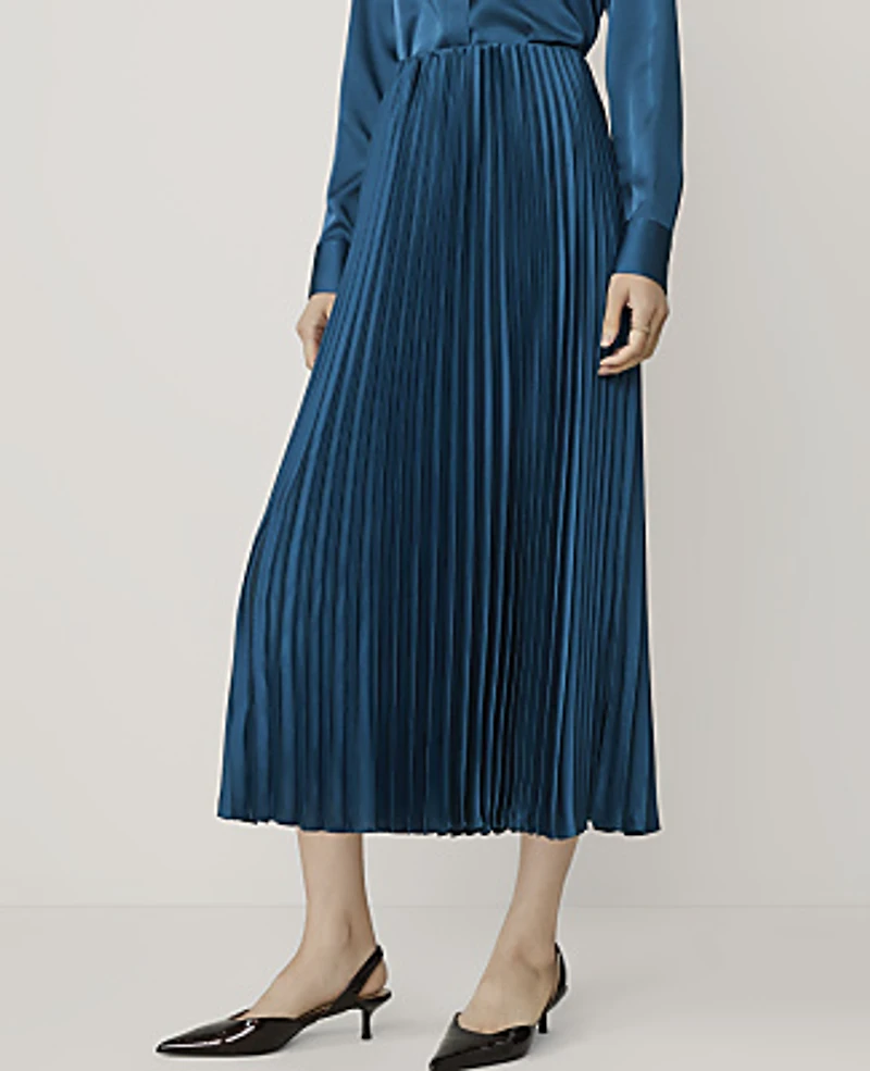 Ann Taylor Pleated Midi Skirt Satin Harbor Side Blue Women's