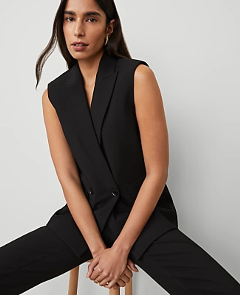 Ann Taylor The Petite Double Breasted Vest Bi-Stretch Black Women's