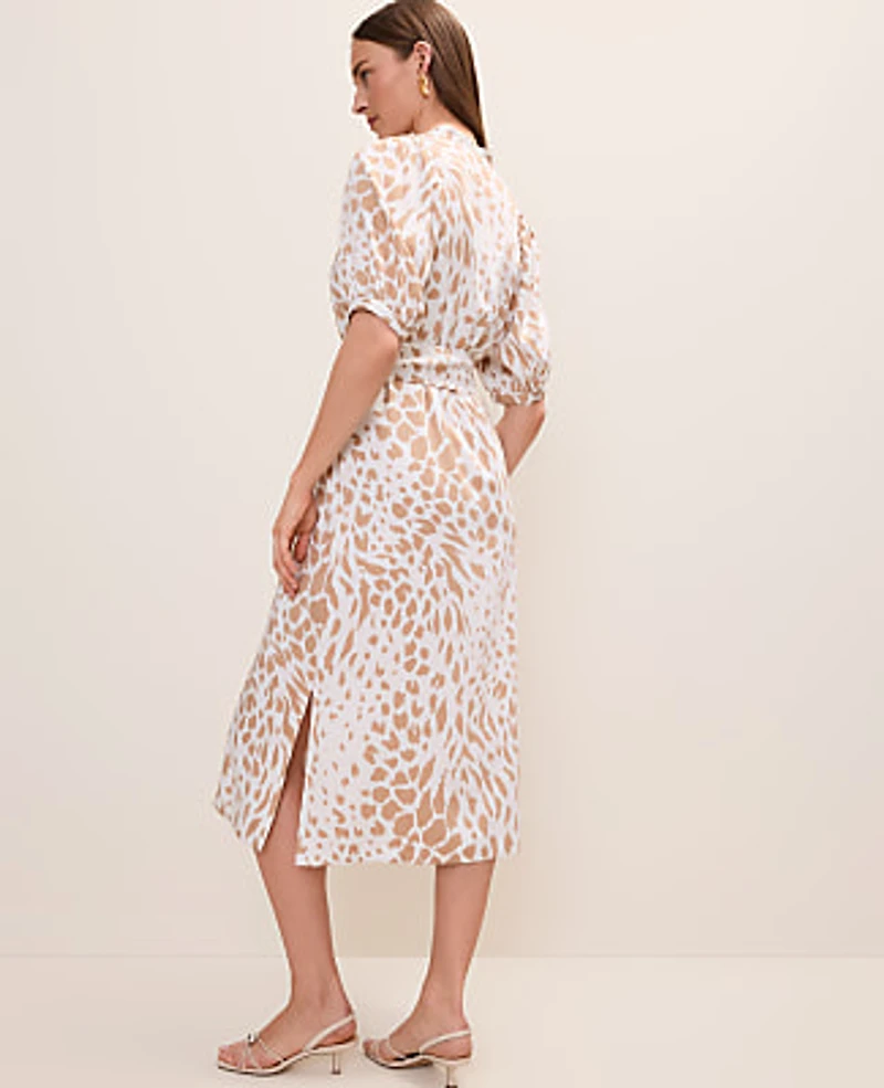 Ann Taylor Animal Print Puff Sleeve Midi Dress Cafe Au Lait Women's