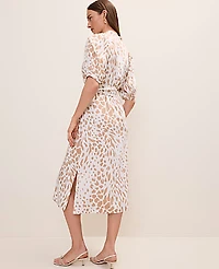 Ann Taylor Animal Print Puff Sleeve Midi Dress Cafe Au Lait Women's