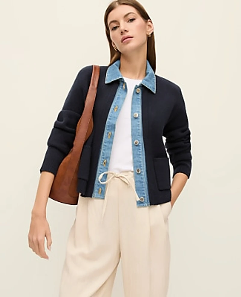 Ann Taylor Weekend Denim Sweater Jacket Night Sky Women's