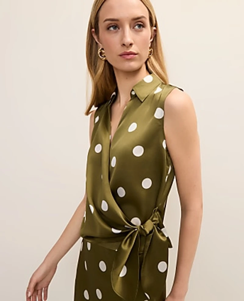 Ann Taylor Dotted Tie Waist Blouse Moss Green Women's