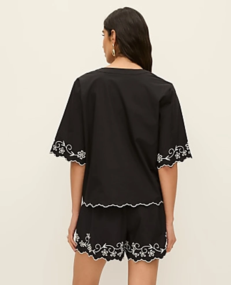Ann Taylor Petite Embroidered V-Neck Blouse Black Women's