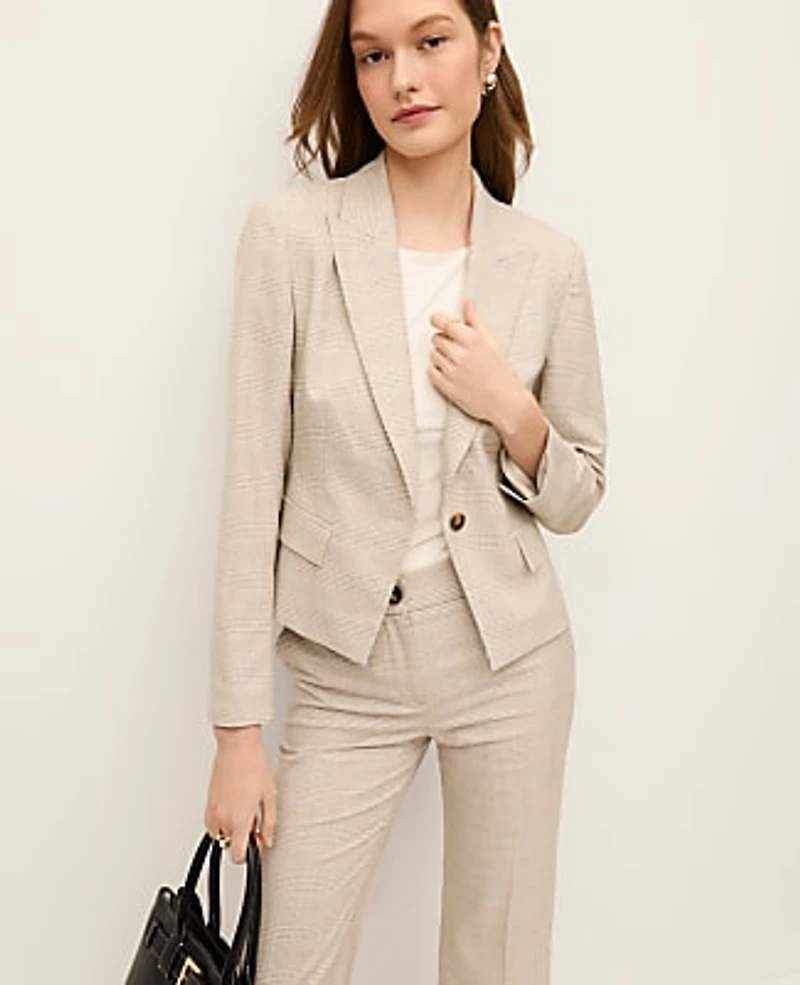 Ann Taylor The Petite Single Button Fitted Blazer Glen Check Neutral Women's