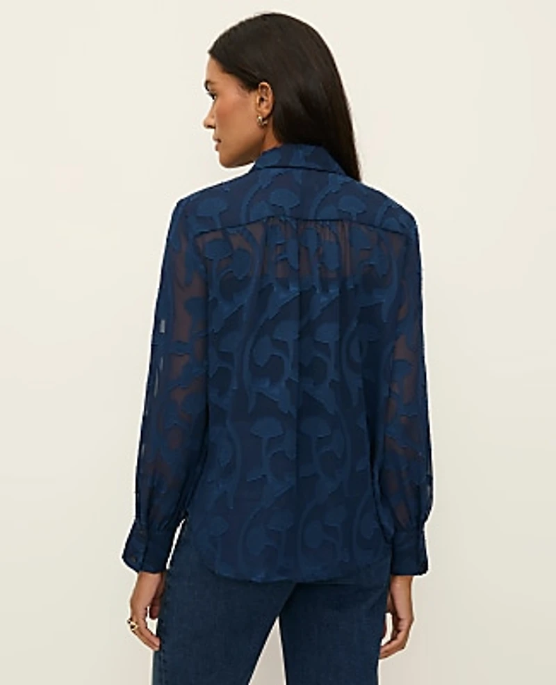 Ann Taylor Satin Jacquard Collared Shirt Size Small Indigo Dusk Women's
