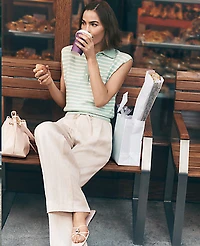 Ann Taylor Petite Weekend Striped Collared Sweater Vest Green/White Combo Women's
