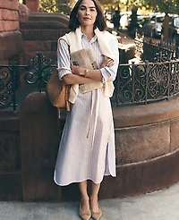 Ann Taylor Petite Weekend Striped Midi Shirtdress Blush Haze Women's