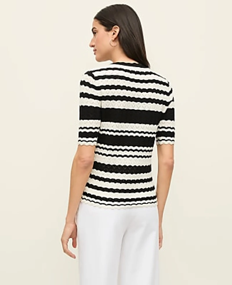 Ann Taylor Petite Striped Pointelle Sweater T-Shirt Size XS Black Women's