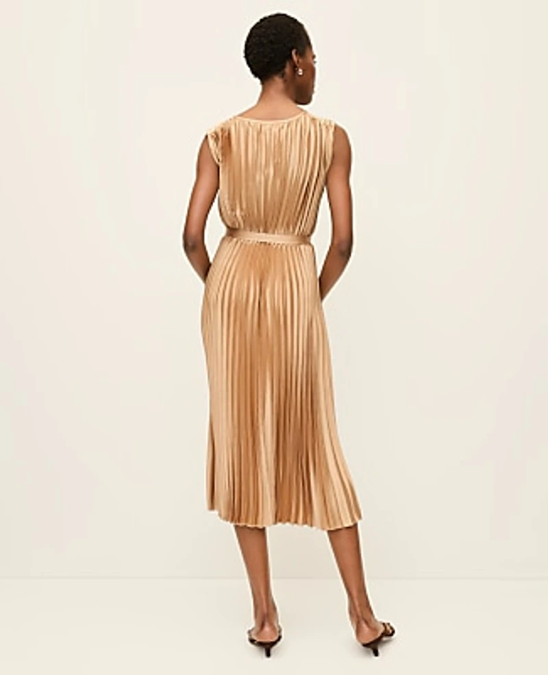 Ann Taylor Petite Pleated Satin Midi Dress Cafe Au Lait Women's
