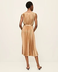 Ann Taylor Petite Pleated Satin Midi Dress Cafe Au Lait Women's