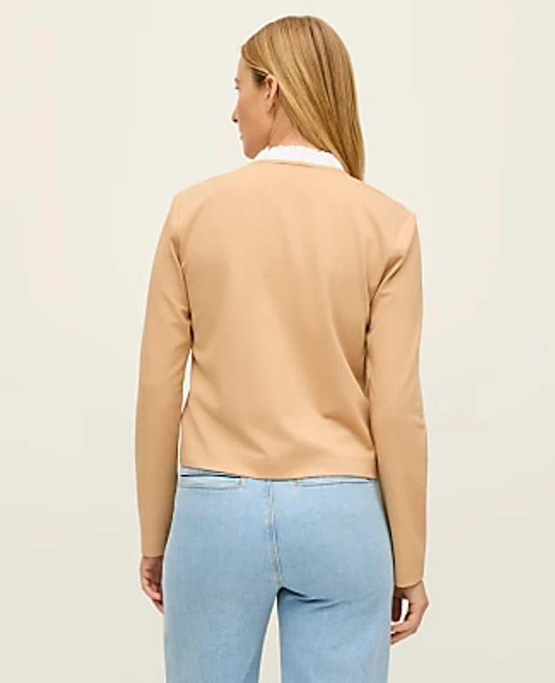 Ann Taylor Petite Ruffle Collar Knit Jacket Cafe Au Lait Women's