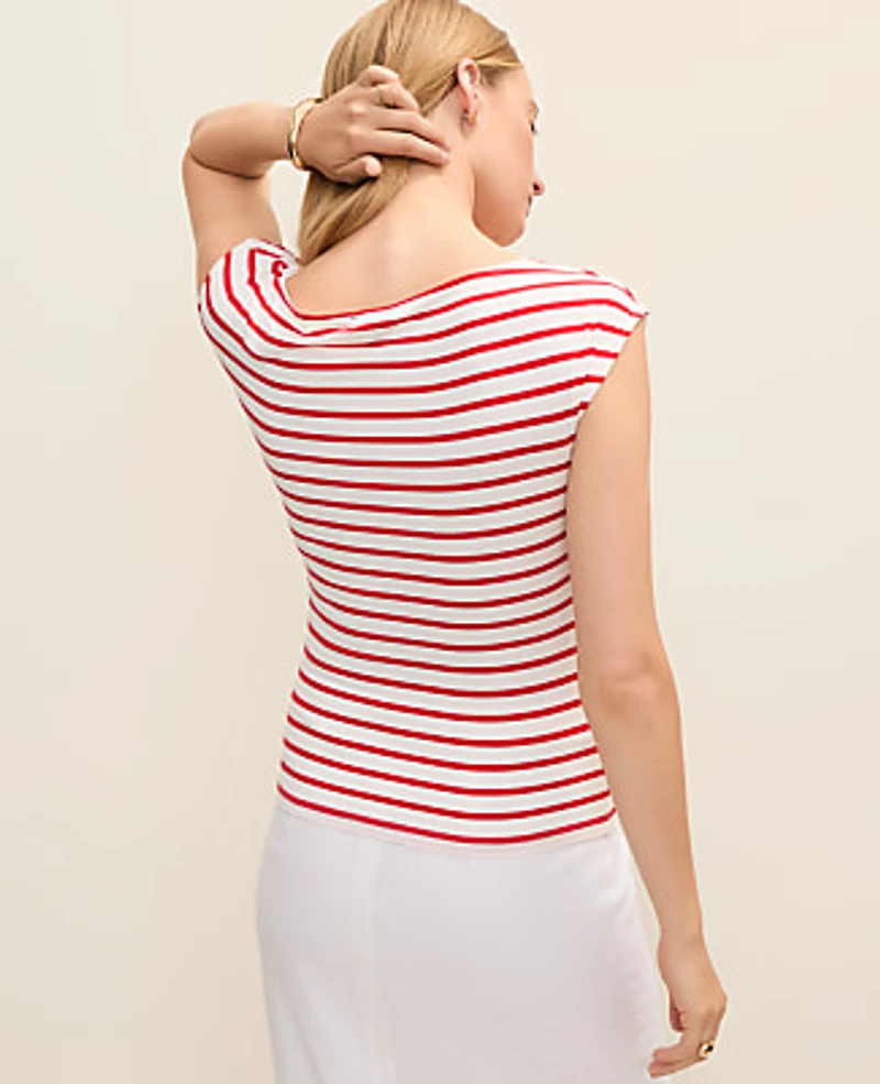 Ann Taylor Striped Boatneck Top Bright Cherry Women's