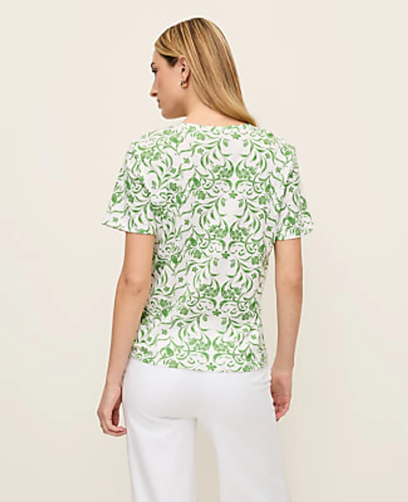 Ann Taylor Petite Floral Crew Neck T-Shirt Palm Green Women's