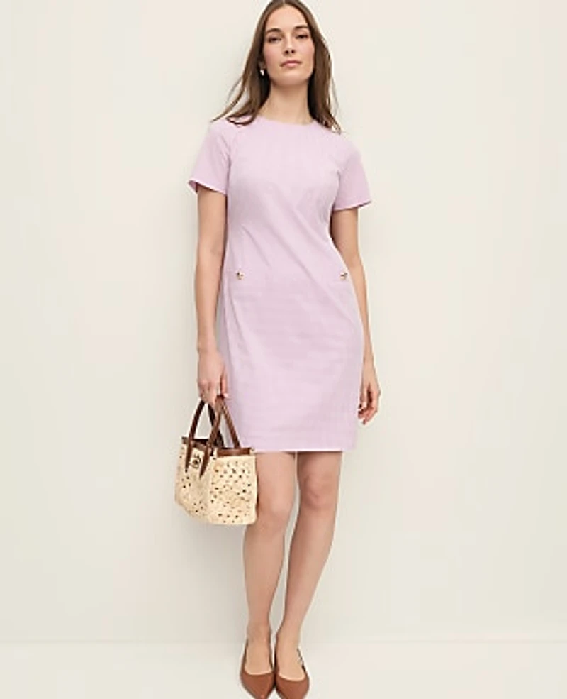 Ann Taylor Petite Gingham Button Pocket Shift Dress Size 4 Lilac/White Women's