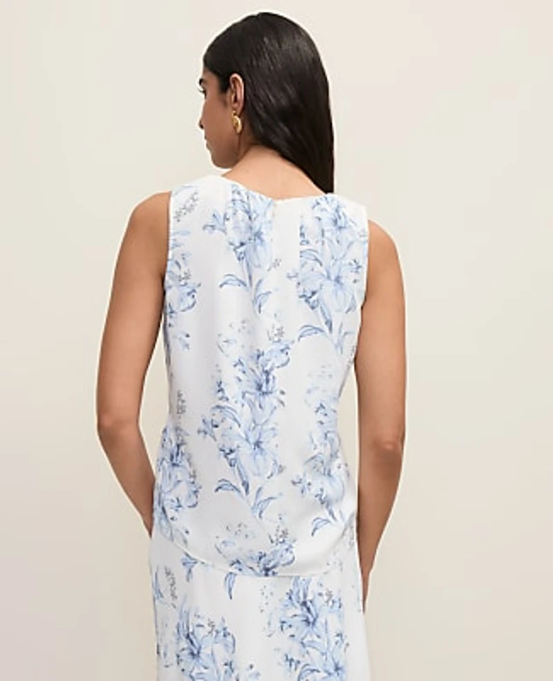 Ann Taylor Petite Floral Shirred Tank Top White-Blue Women's