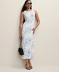 Ann Taylor Petite Floral Shirred Tank Top White-Blue Women's