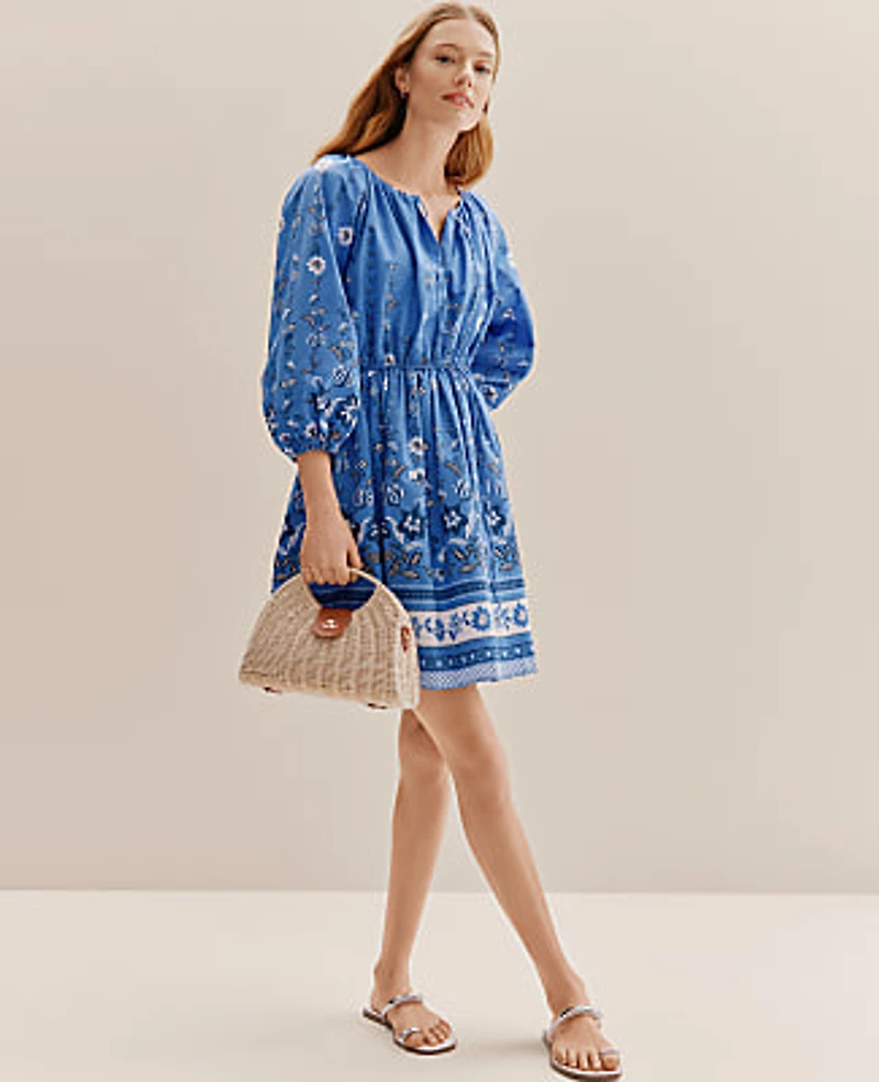 Ann Taylor Petite Weekend Floral Shirred Dress B Dream Blue Women's
