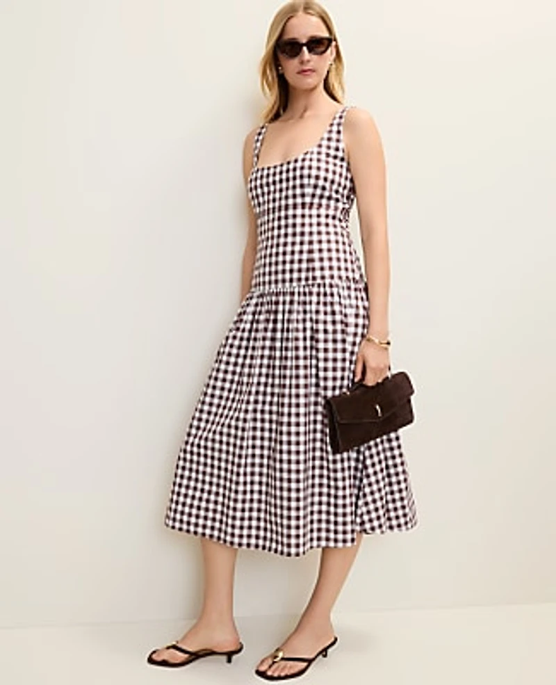 Ann Taylor Petite Flare Midi Dress Gingham Rich Walnut Women's