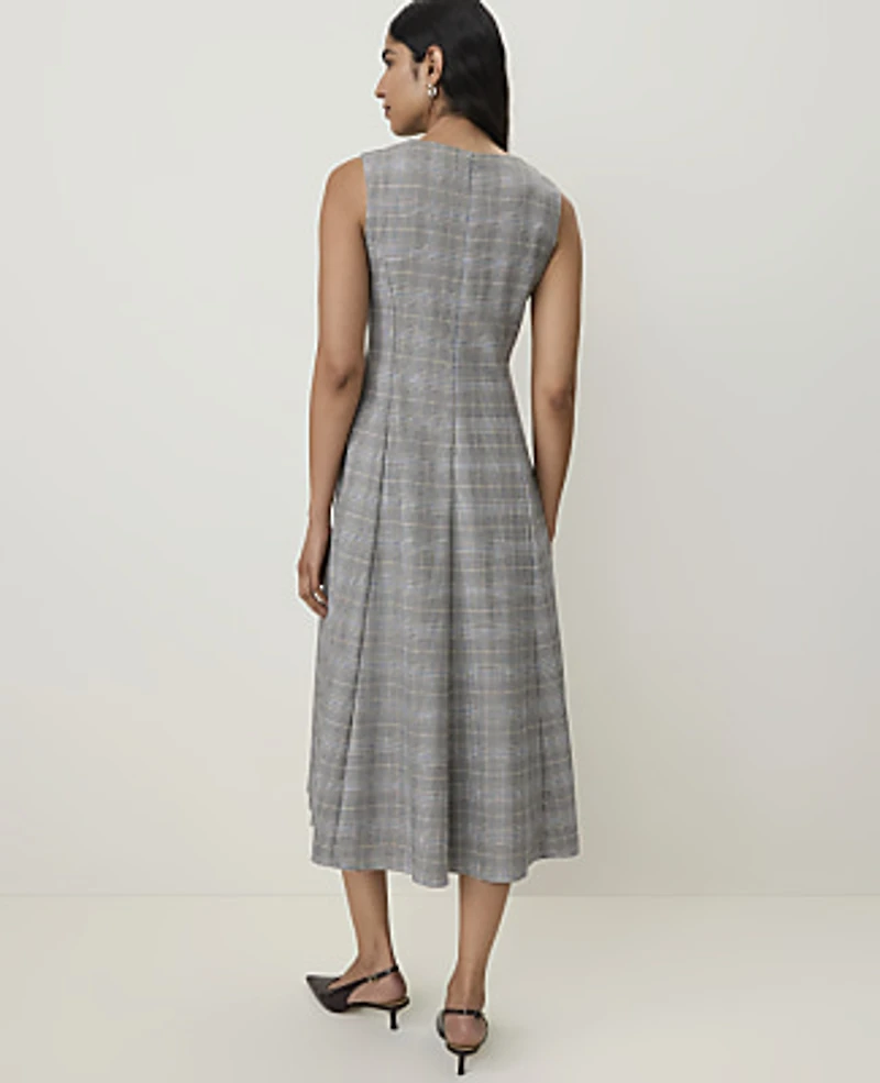 Ann Taylor Plaid Crew Neck Midi Dress Blue Women's