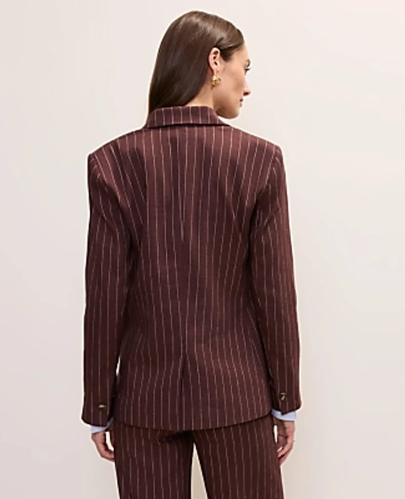 Ann Taylor The Petite Pinstripe Long One Button Blazer Linen Blend Rich Walnut Women's