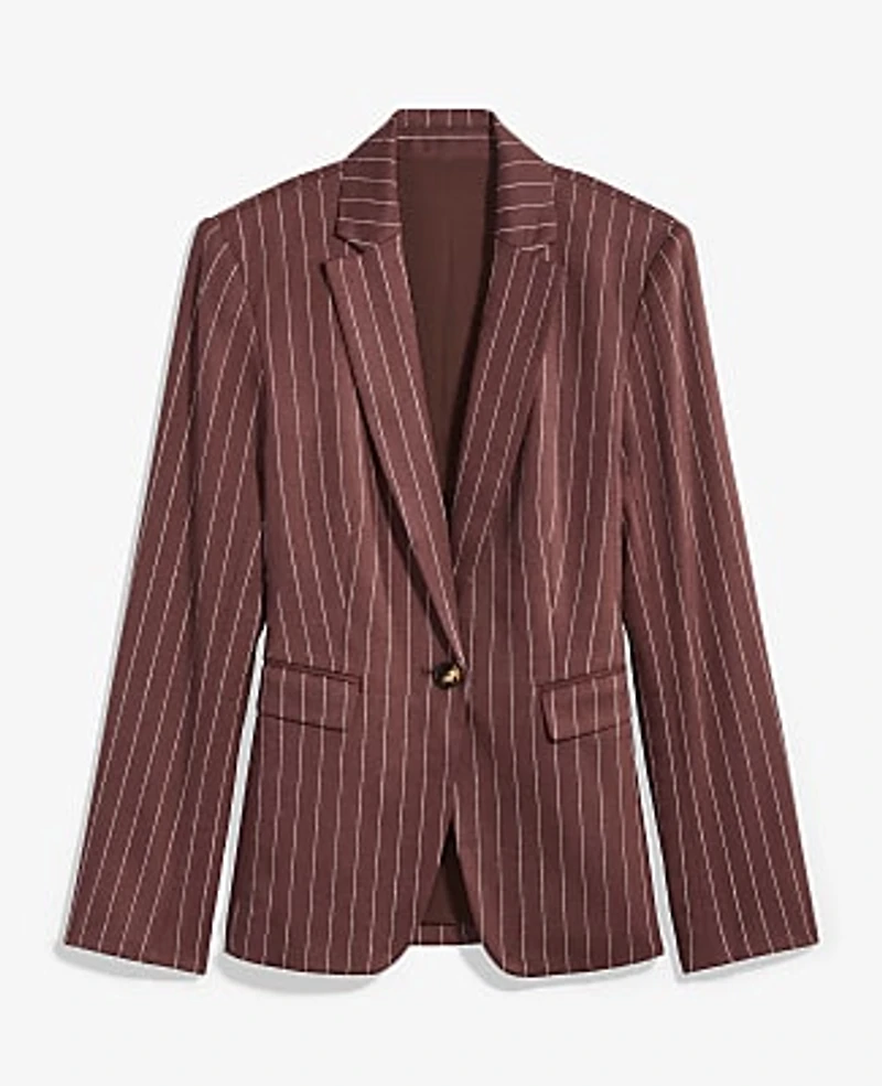 Ann Taylor The Petite Pinstripe Long One Button Blazer Linen Blend Rich Walnut Women's
