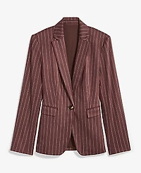 Ann Taylor The Petite Pinstripe Long One Button Blazer Linen Blend Rich Walnut Women's