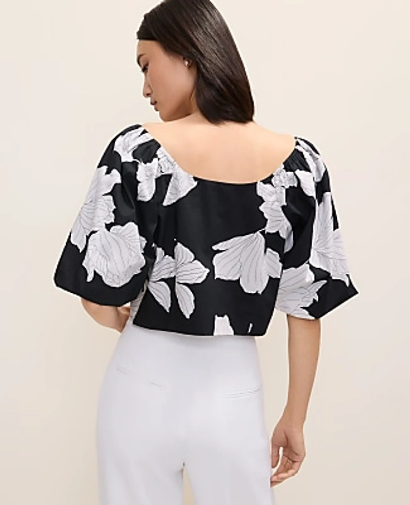 Ann Taylor Floral Puff Sleeve Top Black Women's