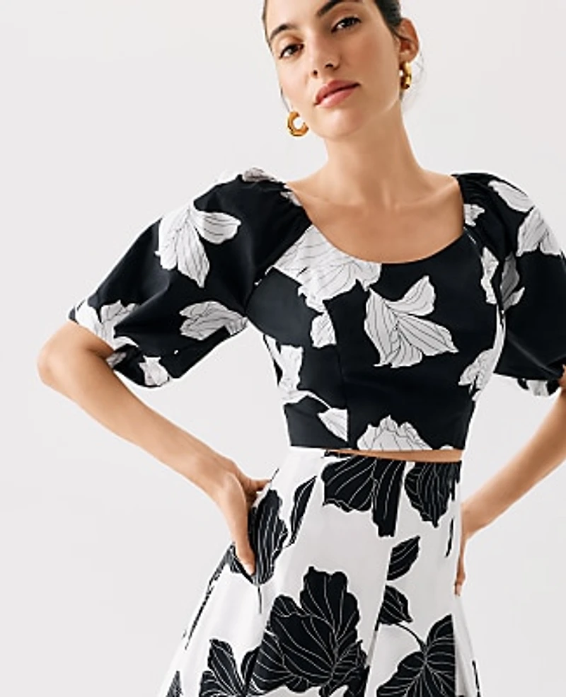 Ann Taylor Floral Puff Sleeve Top Black Women's