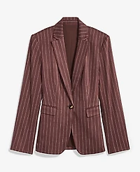 Ann Taylor The Pinstripe Long One Button Blazer Linen Blend Rich Walnut Women's