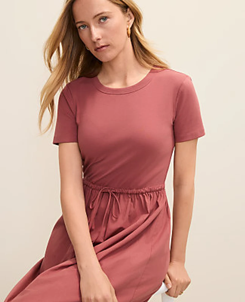 Ann Taylor Petite Weekend Mixed Media Crew Neck Midi Dress Women's